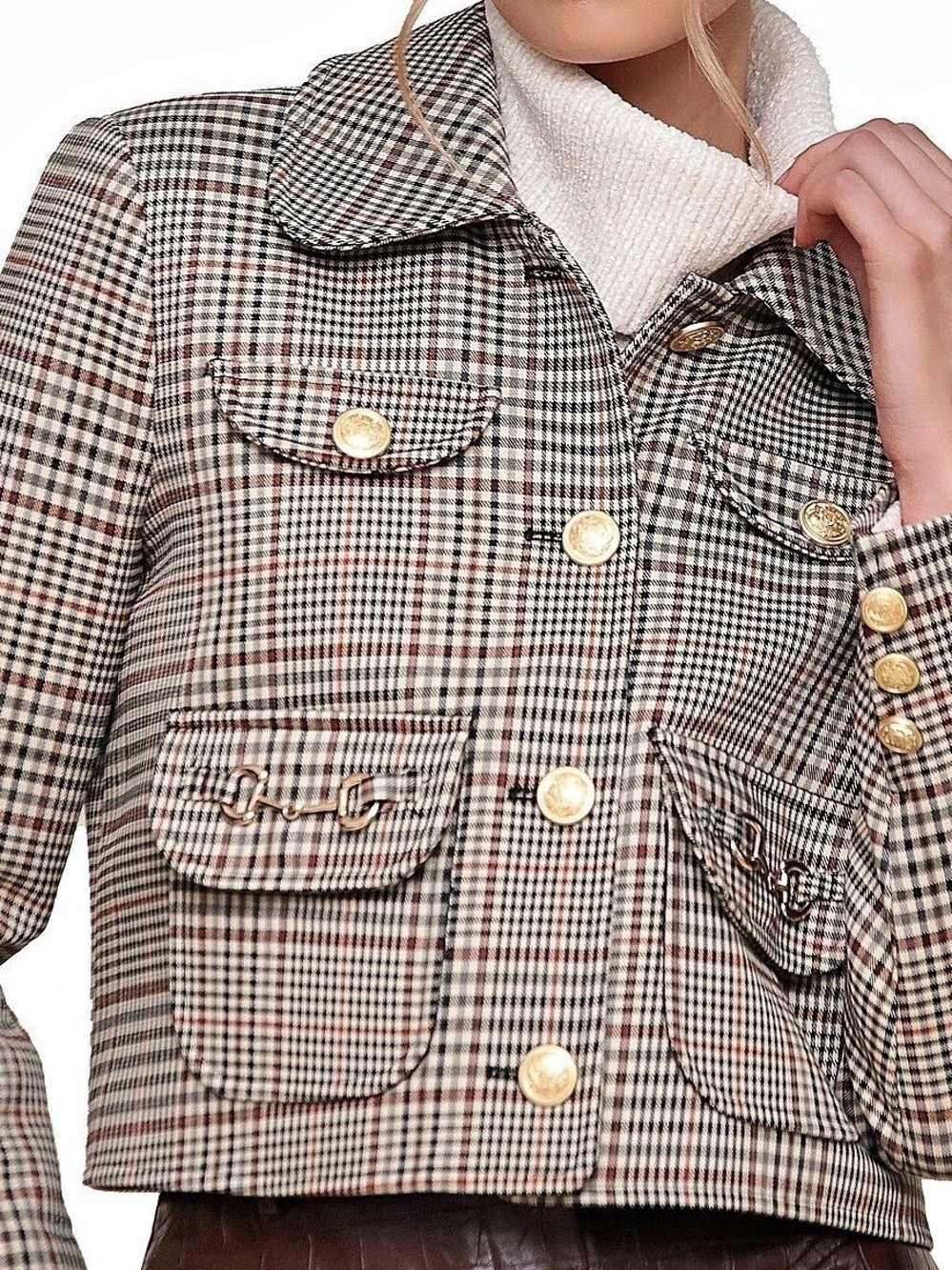Avec Les Filles Houndstooth Cropped Jacket in Brown & White